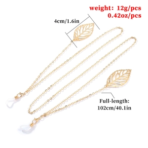 Gold leaf pendant glasses chain for women with 102cm length and anti-slip silicone loops