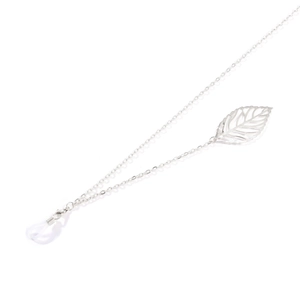 Detail of silver leaf pendant and metal chain with non-slip silicone loops for glasses