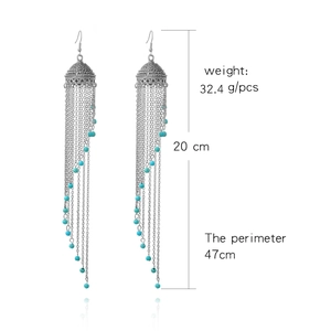 Ethnic style silver alloy tassel earrings with turquoise beads and long chain fringe