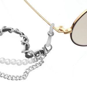 Fashionable multi-layer eyewear chain with pearls and woven leather chain design