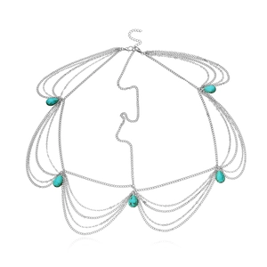 Bohemian multilayer silver head chain featuring turquoise water drop pendants
