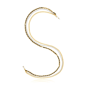 Detail of triple-layer eyewear chain with pearls and gold braided leather strap