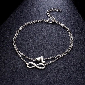 Moda Cavigliera a Doppio Strato in Lega per Donna Tono Argento Cuore Lettera Simbolo Infinito Pendente Catena Piedi Regolabile