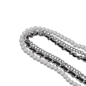 Fashion multi-layer eyeglass chain with white pearls, silver links, and black leather cord