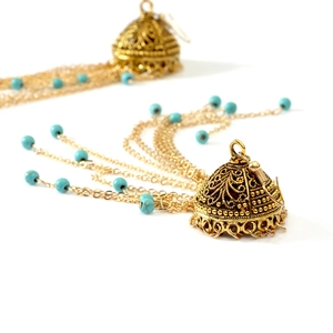 Golden Jhumka earrings with turquoise beads and filigree bells in ethnic style
