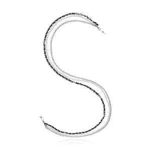 Detail of multi-layer eyeglass chain with silver metal, black leather, and white pearls