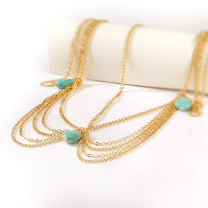 Multi-layer gold chain headpiece featuring turquoise drop pendants on white background
