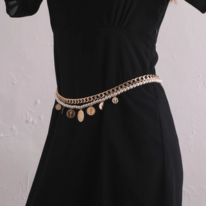 Retro Multilayer Alloy Waist Chain For Women Faux Artificial Pearl Body Chain Sexy Coin Pendant Portrait Relief Adjustable Belt Chain