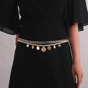 Vintage gold Cuban chain body belt with white pearls and coin relief pendants