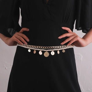 Elegant gold layering body chain with pearls and vintage coin portrait charms for women