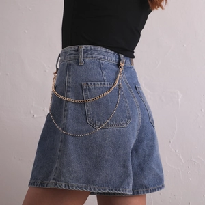 Women's denim shorts with multi-layer gold metal chain belt and rhinestone accents