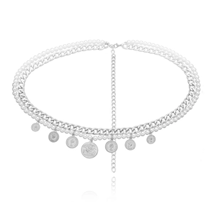 Detail of multilayer body chain featuring pearls and Elizabeth II coin pendants