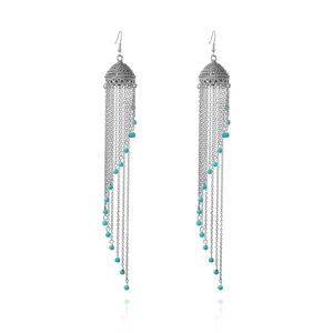 Silver bohemian jhumka tassel earrings featuring turquoise beads and ethnic carving