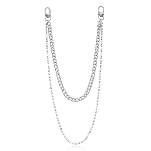 Close-up of double-layer silver body chain with Cuban links and sparkling rhinestones