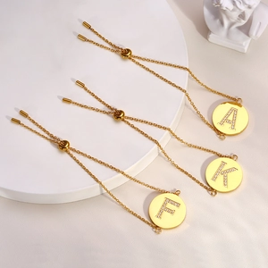 Adjustable gold stainless steel letter bracelet with zircon alphabet pendant A K F