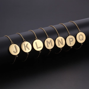 Stainless Steel Initial Letter Round Pendant Bracelet For Women Gold Plated Adjustable Chain Rhinestone Initial Bracelet Jewelry Gift