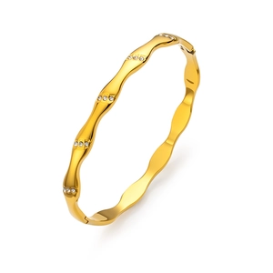 Golden bamboo wave bangle with triple-set zircons and geometric stainless steel design