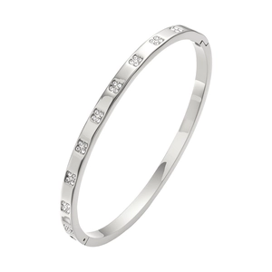 Detail of silver titanium steel hinge bracelet with square-set zirconia clusters