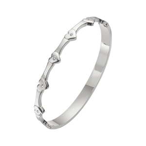 Detailed macro of silver titanium steel bangle featuring heart motifs and cubic zirconia