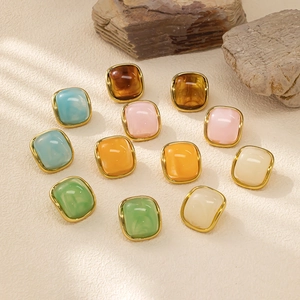 Colorful square stud earrings in six pastel shades with gold-plated metal frames