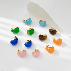Detailed set of twelve colorful bean-shaped resin stud earrings in a glossy finish