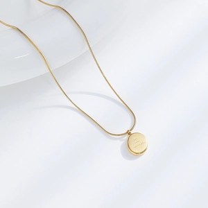 Macro detail of 18k gold plated round pendant with brushed metal and snake chain