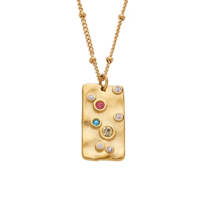18k gold plated stainless steel hammer texture pendant necklace with multicolor zircon