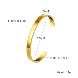 Detailed dimension guide for 18k gold plated 6mm stainless steel open cuff bracelet