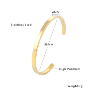 Detailed specs of the 4mm gold polished stainless steel open bangle with size measurements