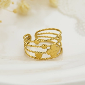 Elegante anillo de trébol dorado multicapa con textura de cuentas y banda abierta ajustable