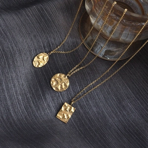 18K gold plated titanium steel necklaces with hammered lava texture geometric pendants