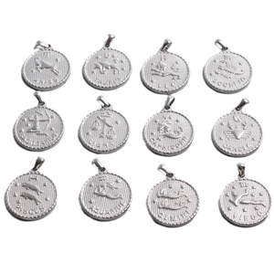 Ensemble de 12 pendentifs zodiaque en acier inoxydable avec symboles et noms gravés