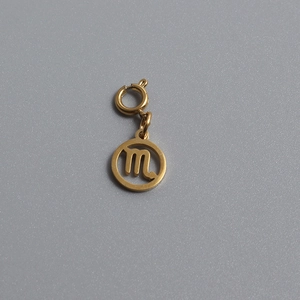 Close-up of golden stainless steel Scorpio zodiac charm with hollow design and spring clasp