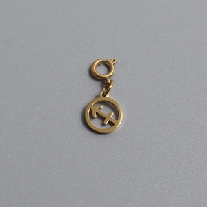Detail of gold Sagittarius zodiac pendant with spring ring clasp on dark background