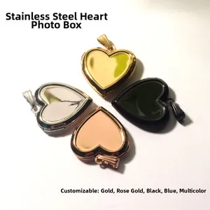 Macro detail of heart locket pendants in various metal finishes with custom engraving option