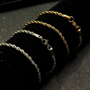 Polished stainless steel twist rope chain bracelets in gold and silver finishes