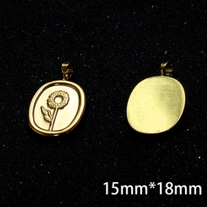 Detailed front and back view of 18K gold sunflower oval pendants measuring 15mm by 18mm