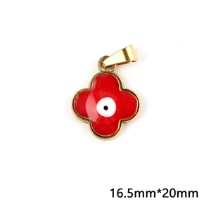 Detailed view of red clover charm with evil eye design, size 16.5mm by 20mm