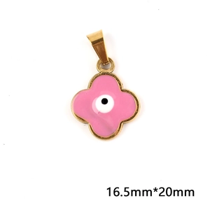 Detailed macro view of pink enamel four-leaf clover pendant with evil eye motif and gold edges