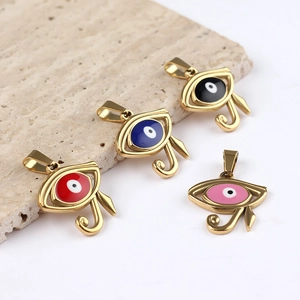 Colgantes de ojo de Horus dorados con detalles de esmalte en colores rojo azul negro y rosa