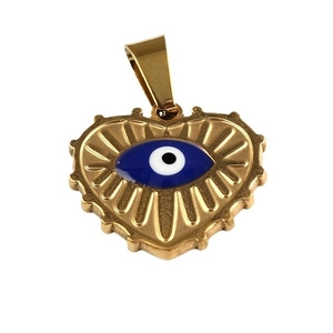 Vintage golden heart evil eye pendant necklace with blue enamel and sunburst texture