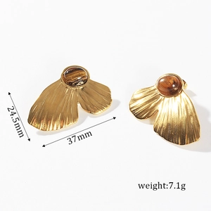 Ginkgo leaf earrings in gold with tiger eye stone, measuring 37mm wide and 24.5mm high