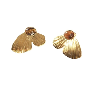 Vintage ginkgo leaf earrings in brushed gold with natural brown tiger eye stone