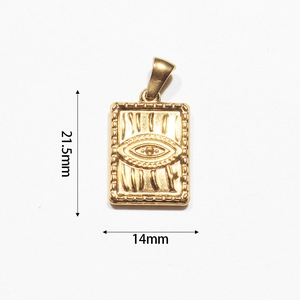 Detailed view of 18k gold plated rectangular pendant with evil eye and size dimensions
