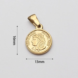 Detail of a 16x13mm gold vintage French coin pendant with embossed portrait and engraving