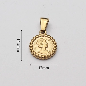 Macro shot of 12mm gold coin pendant showing detailed Queen Elizabeth II profile relief