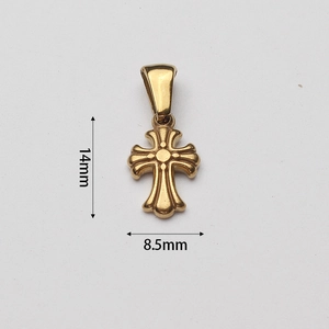 Detail showing a vintage golden cross pendant with 14mm height and 8.5mm width dimensions