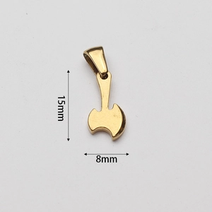Detailed view of a gold axe pendant showing dimensions of 15mm by 8mm for jewelry making