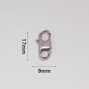 Macro view of 316L stainless steel lobster clasp showing 17mm by 9mm measurements