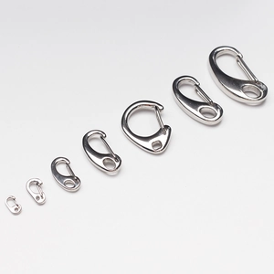 Polished 316 stainless steel spring hooks in seven different sizes for keychains